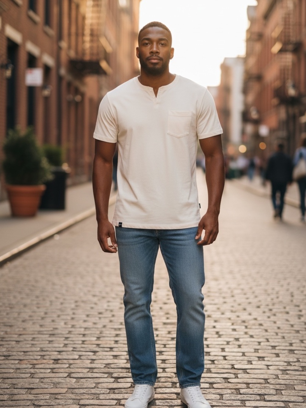 Good Man Brand Cream Short Sleeve Henley Pocket Tee